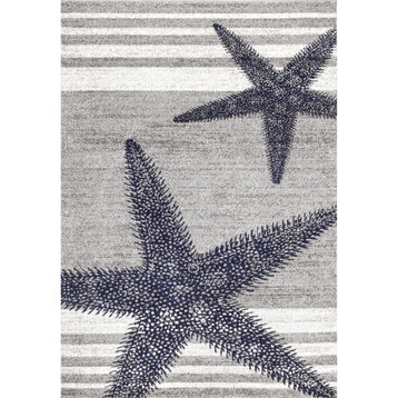 Nautical Starfish And Stripes, Gray, 5'x8'