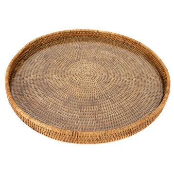 Artifacts Rattan™ Round Serving-Ottoman Tray with Glass Insert, Honey Brown, 16" Diameter