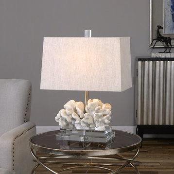 Coral Ivory Sculpture Table Lamp, Coastal Sea Shell White Beach Light