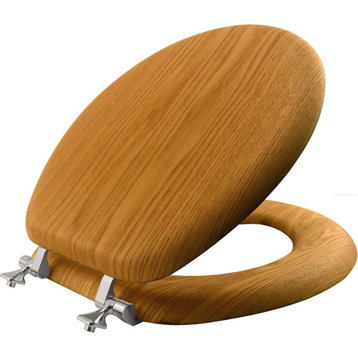 Mayfair 9601CP378 Round Wood Veneer Toilet Seat with Chrome Hinge, Natural Oak