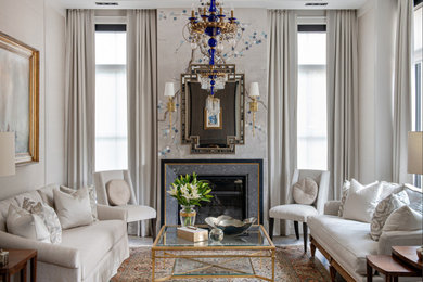 Mid-sized transitional enclosed living room photo in Toronto with white walls, a standard fireplace and a tile fireplace