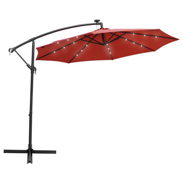 LeisureMod Willry 10' Cantilever Hanging Patio Umbrella With Solar LED, Red