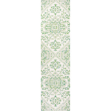 Estrella Bohemian Medallion Textured Weave Indoor/Outdoor, Green/Cream, 2 X 10