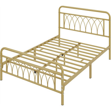 Unique Platform Bed, Metal Frame With Pedal Patterned Headboard, Gold, Full