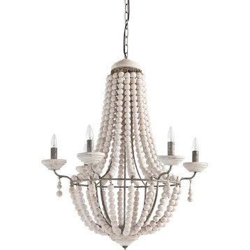 Phillum, 29"x37" Silver Metal Chassis, White Wood Beaded Six Bulb Chandelier