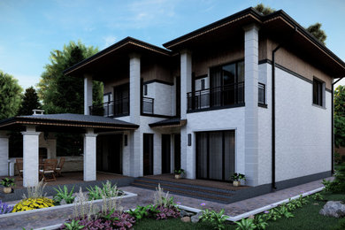 Diseño de fachada de casa blanca y gris de tamaño medio de dos plantas con revestimiento de piedra, tejado a cuatro aguas y tejado de teja de madera