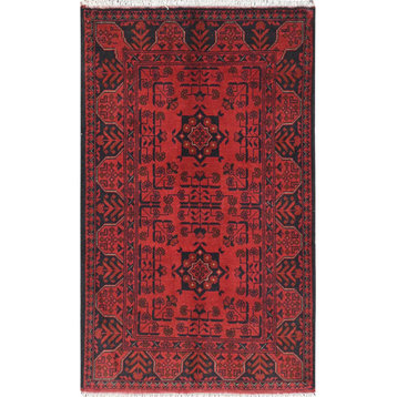 Red, Afghan Andkhoy With, Wool, Hand Knotted Oriental Rug, 3'2"x4'10"
