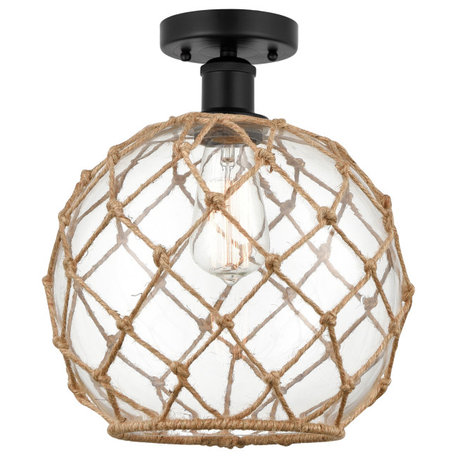 Edison Farmhouse Rope 10" Semi-Flush Mount, Matte Black, Clear Glass, Brown Rope