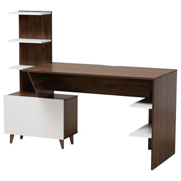 Jeffry Mid-Century Two-Tone White and Walnut Brown Computer Desk With Shelves