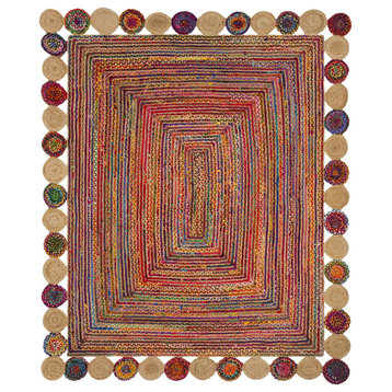 Unique Area Rug, Braided Jute With Circle Accented Border, Red-Multi/8' X 10'
