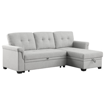 Hunter Linen Reversible Sleeper Sectional Sofa With Storage Chaise, Light Gray