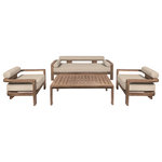Armen Living - Relic Outdoor Patio 4-Piece Conversation Set Taupe Olefin Cushions - Introducing the Relic Outdoor Patio Seating Collection - a celebration of the timeless beauty of weathered Eucalyptus wood, meticulously crafted to enrich your outdoor living space with rustic charm. Each piece seamlessly blends the aged allure of weathered Eucalyptus wood with the practicality of water-resistant and UV-resistant features, creating distinctive outdoor furniture that exudes character and durability. The weathered Eucalyptus wood frames of the Relic Sofa, Chair, and Coffee Table bring a unique and inviting aesthetic to your patio, offering a timeless appeal that only improves with age. Every knot and grain tells a story, creating an ambiance of rustic elegance that complements various outdoor settings. Designed to withstand the elements, this collection boasts water-resistant Eucalyptus and UV-resistant wood and fabric, ensuring resilience and style in the face of changing weather conditions. Whether under the sun's warm embrace or during an unexpected drizzle, each piece stands as a steadfast focal point for your outdoor gatherings. Immerse yourself in comfort with the plush Olefin cushions adorning the sofa and chair. The neutral tone of the cushions complements the weathered wood, creating a harmonious balance between rugged charm and refined comfort. The water-resistant capabilities and easily removable zippered covers make maintenance a breeze, allowing you to enjoy the Relic Outdoor Patio Furniture Collection without compromise. Elevate your outdoor aesthetic with the Relic Collection in Weathered Eucalyptus Wood and Taupe Olefin Fabric- a testament to enduring style and craftsmanship.