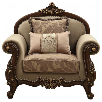 38" Beige And Brown Velvet Floral Club Chair