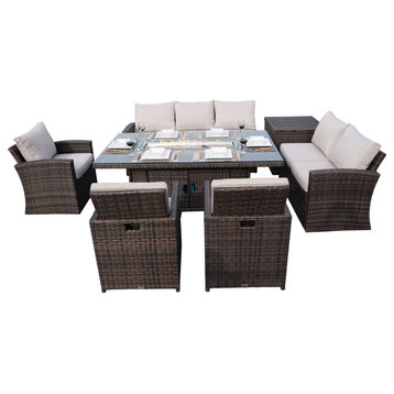 Patio Conversation Sofa, Firepit Dinging Table, Rectangle Firepit Table