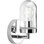 Progress Lighting - Signal Collection 1-Light Bath and Vanity, Polished Chrome - This timeless Signal one-light bath fixture chases away shadows from a bathroom or dressing table mirror, in a hallway, or wherever focused task light is desired. A curvaceous, clear, blown glass shade covers an exposed bulb as it perches atop a Polished Chrome base. A simple, smooth bar extends from a gorgeous, polished round backplate to dutifully hold the light fixture in place as it illuminates a coastal, modern farmhouse, or modern interior.