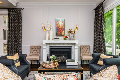Photo of a mid-sized transitional formal open concept living room in Boston with grey walls, dark hardwood floors, a standard fireplace, a stone fireplace surround, no tv and brown floor.