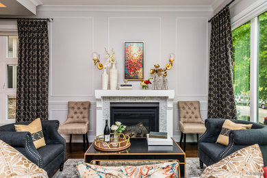 Living room - mid-sized transitional formal and open concept dark wood floor and brown floor living room idea in Boston with gray walls, a standard fireplace, a stone fireplace and no tv