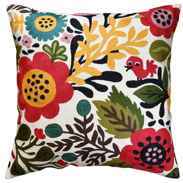 Suzani Red Bird Floral Bloom Decorative Pillow Cover HandEmbroidered Wool 18x18"