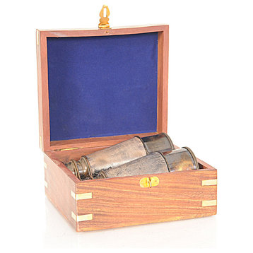 Rustic Brass And Leather Binoculars In Wood Storage Box