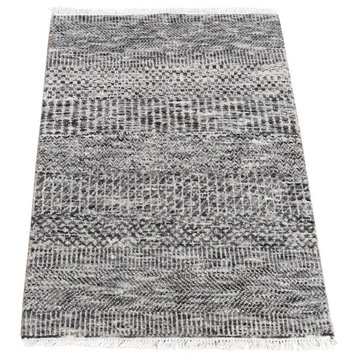 Silver Gray, Modern Grass Design, Wool Hand Knotted, Mat Rug, 2'x3'