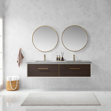Caparroso Floating Bath Vanity, Stone Top, Dark Walnut, 72", With Mirror