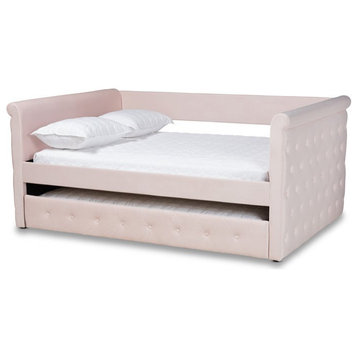 Baxton Studio Amaya Velvet and Wood Queen Daybed with Trundle in Light Pink