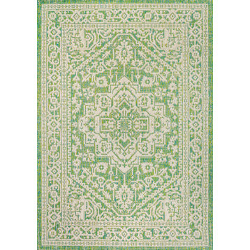 Sinjuri Medallion Textured Weave Indoor/Outdoor, Cream/Green, 9x12