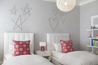 Large minimalist girl carpeted kids' room photo in San Francisco with gray walls