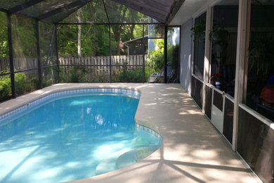 Modelo de piscina natural clásica de tamaño medio a medida en patio trasero con losas de hormigón