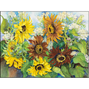Tile Mural, Queen Anne Lace And Sunflowers by Joanne Porter