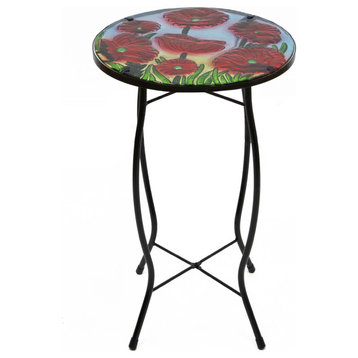 19" Floral Poppies Glass Patio Side Table