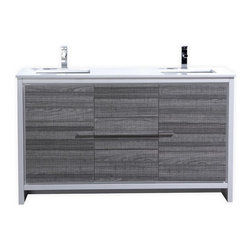 60 inch Ash Gray Modern Double Sink Bathroom Vanity with White Quartz Countertop - Bathroom Vanities And Sink Consoles