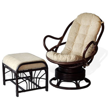 Java Swivel Rocking Rattan Wicker Chair w/Cream Cushion w/Ottoman, Dark Brown
