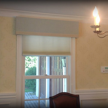 Tailored cornice with cordless luxe linen honeycomb
