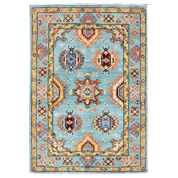 Blue Hand Knotted Afghan Special Kazak All Over Motifs Fine Wool Rug 2'8" x 4'