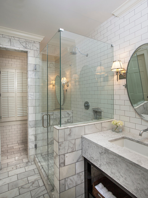 Houzz Bathroom Shower Tile Ideas : Image result for bathroom ideas for northwest style ... - Traditional bathroom in atlanta with an alcove shower, white tile, marble and a shower seat.