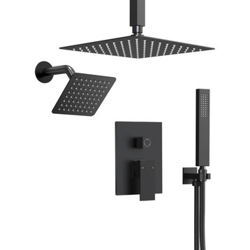 Dual Heads 3-Functions Shower System With Pressure Balancing Rough-In Valve, Matte Black