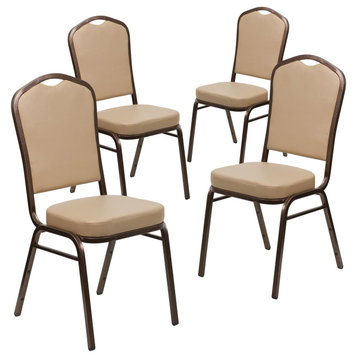 Set of 4 Dining Chair, Padded Seat & Crown Back, Tan Vinyl/Copper Vein