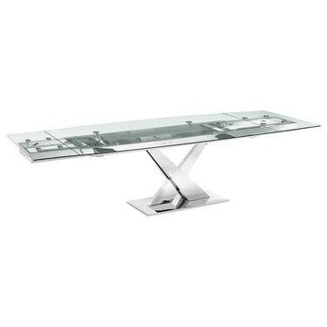 X Base Manual Dining Table with Stainless Base and Clear Top