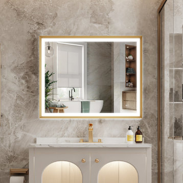 Beveled Bathroom LED Mirror Framed, Backlit and Front Light, Gold, 40"x32"