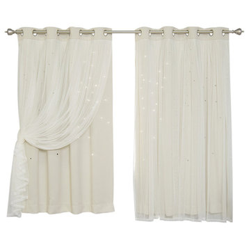 Tulle Overlay Star Cut Out Blackout Curtains, Biscuit, 52" W X 63" L