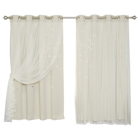 Tulle Overlay Star Cut Out Blackout Curtains, Biscuit, 52" W X 63" L