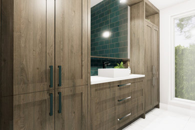 Design ideas for a large country master bathroom in Montreal with shaker cabinets, medium wood cabinets, an alcove tub, a shower/bathtub combo, a two-piece toilet, green tile, porcelain tile, white walls, porcelain floors, a vessel sink, quartzite benchtops, white floor, an open shower, white benchtops, a single vanity and a built-in vanity.