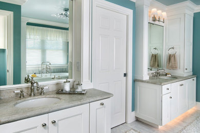 Transitional master mosaic tile marble floor doorless shower photo in San Francisco with blue walls