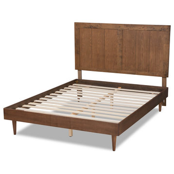 Transitional Queen Platform Bed, Wood Slated With Panel Headboard, Ash Walnut