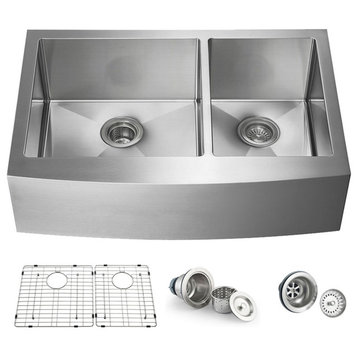 KIBI Handcrafted Farmhouse Apron Double Bowl Stainless Steel Kitchen Sink, 33"