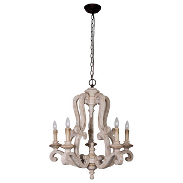 Farmhouse Distressed Antique White 5-light Candle-style Wood Chandelier