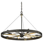 Golden Lighting - Vaughn Large Pendant With Aged Brass Accents Shade - Industrial by nature, Vaughn fits well in contemporary homes. Inspired by the spokes of a vintage wagon wheel, this collection brings antiquity to the modern age. The Natural Black finish is slightly textured and adds drama to this focal series. Select a monochromatic version or elevate the look by selecting a fixture with contrasting aged brass accents. Pivoting sockets and steel cables act as additional features to the bold design.