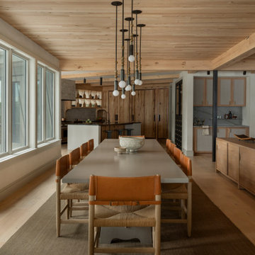 Antique Elm Flooring, Ceiling, and Box Beams in Wabi-Sabi Lakeside Dining Room