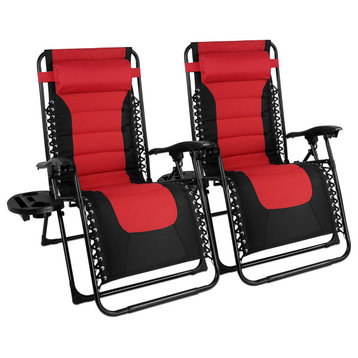 Set of 2 Padded Zero Gravity Chair Outdoor Lounger W/ Side Tray Red